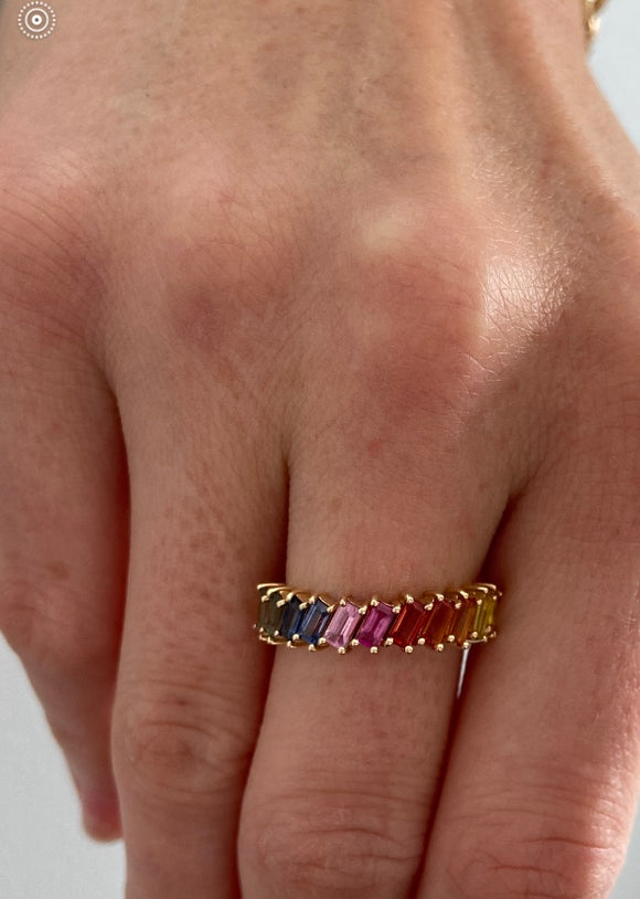 Rainbow Sapphire Baguette Arrayed Ring