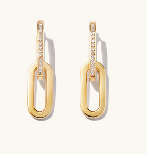 Paperclip Dangle Earrings - 14K Yellow Gold with Pave Diamonds