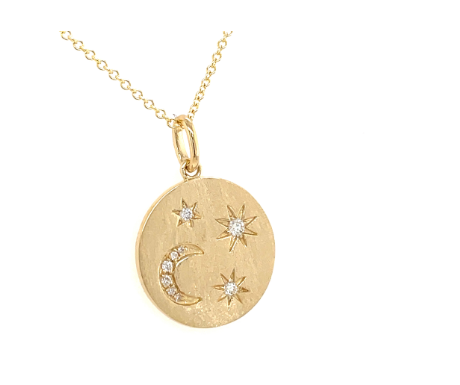 Diamond Flush Set Moon & Stars Disc Satin Finish Pendant