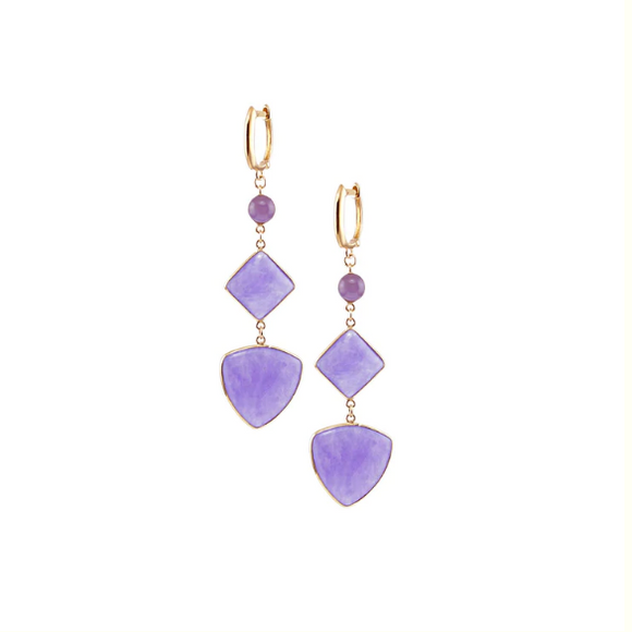 14K LAVENDER JADE TRIPLE BEZEL HOOP EARRING