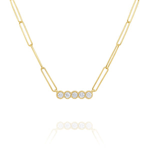 Yellow 14K gold paperclip chain, 16", Diamonds, bar with five diamonds in a row.