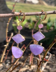 14K LAVENDER JADE TRIPLE BEZEL HOOP EARRING